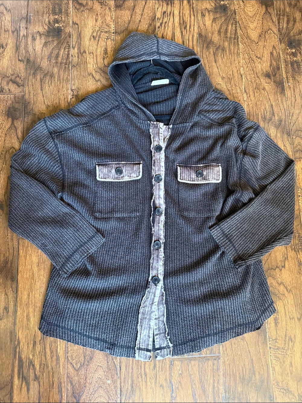 New In Brown Waffle-knit Hooded Distressed Button-Front Shacket, size large